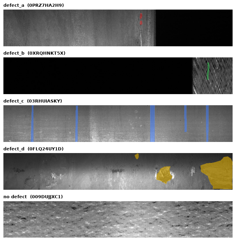 Surface images with coloured defect masks for each type.